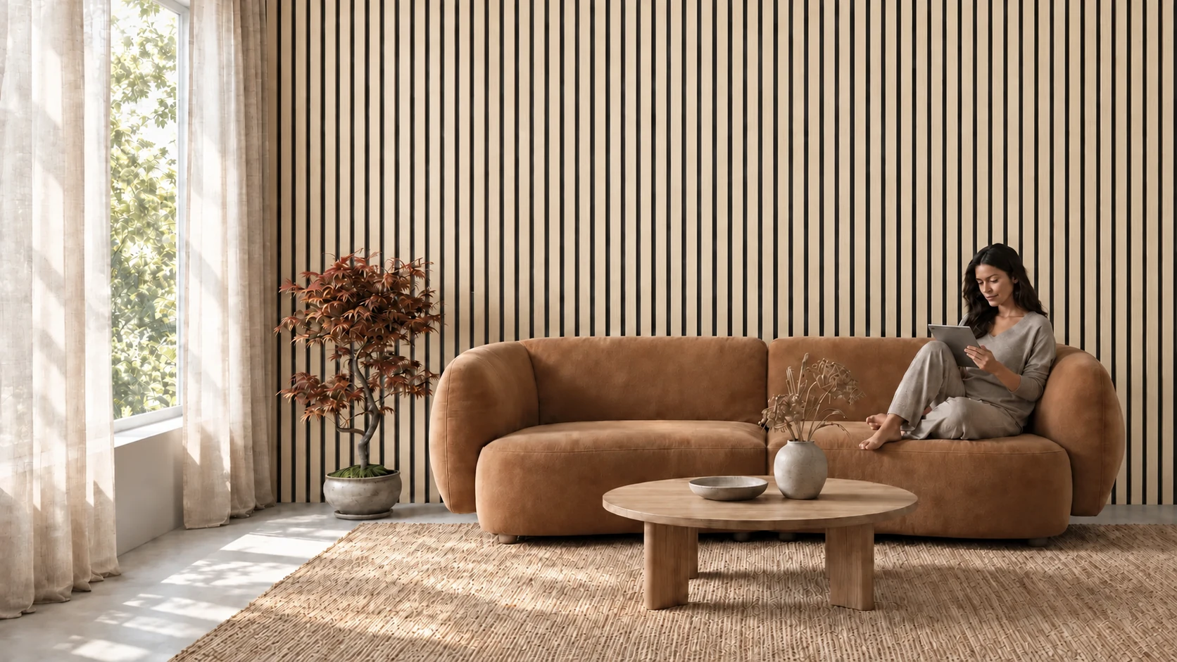 Illustrative interior with light oak slat walls, a window, a tan sofa and a woman reading.