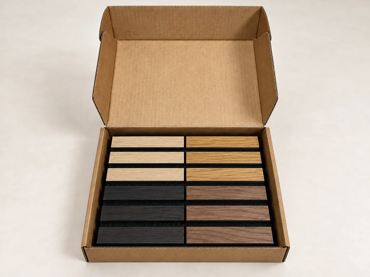 Studio presentation of a natural veneer sample set in an open kraft box